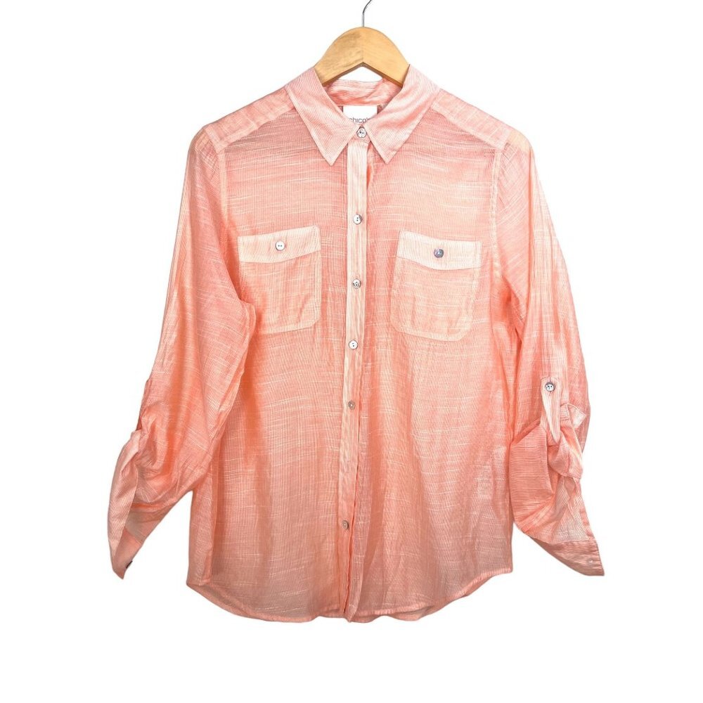Chico's Long Sleeve Coastal rayon blend roll tab sleeve pink shirt sz M